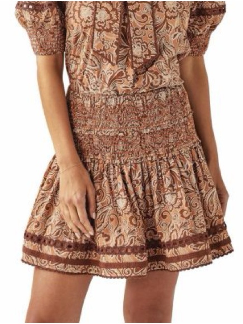 Cartolina Resort 2025 Paisley Smocked Mini Skirt Large Brown Boho Lined